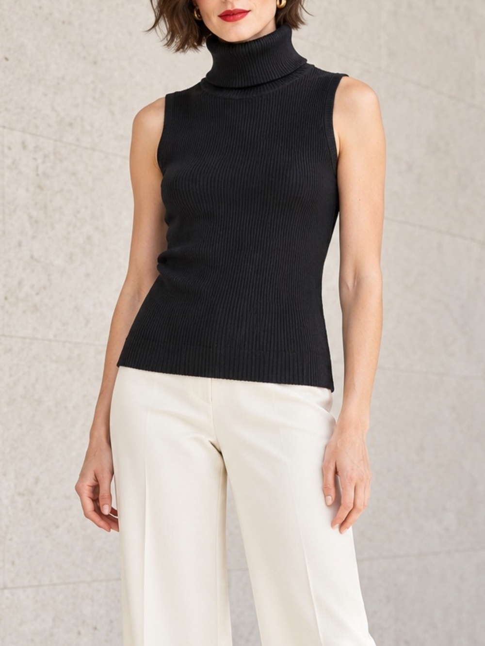 Black Silk Blend Ribbed Sleeveless Turtleneck M 90s Minimalist Grace Elements